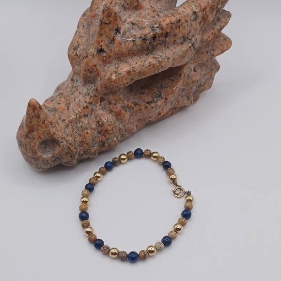 Jewelry - Picture Jasper, Lapis, and Gold Tone Beaded Bracelet With 1/20 14k GF Clasp